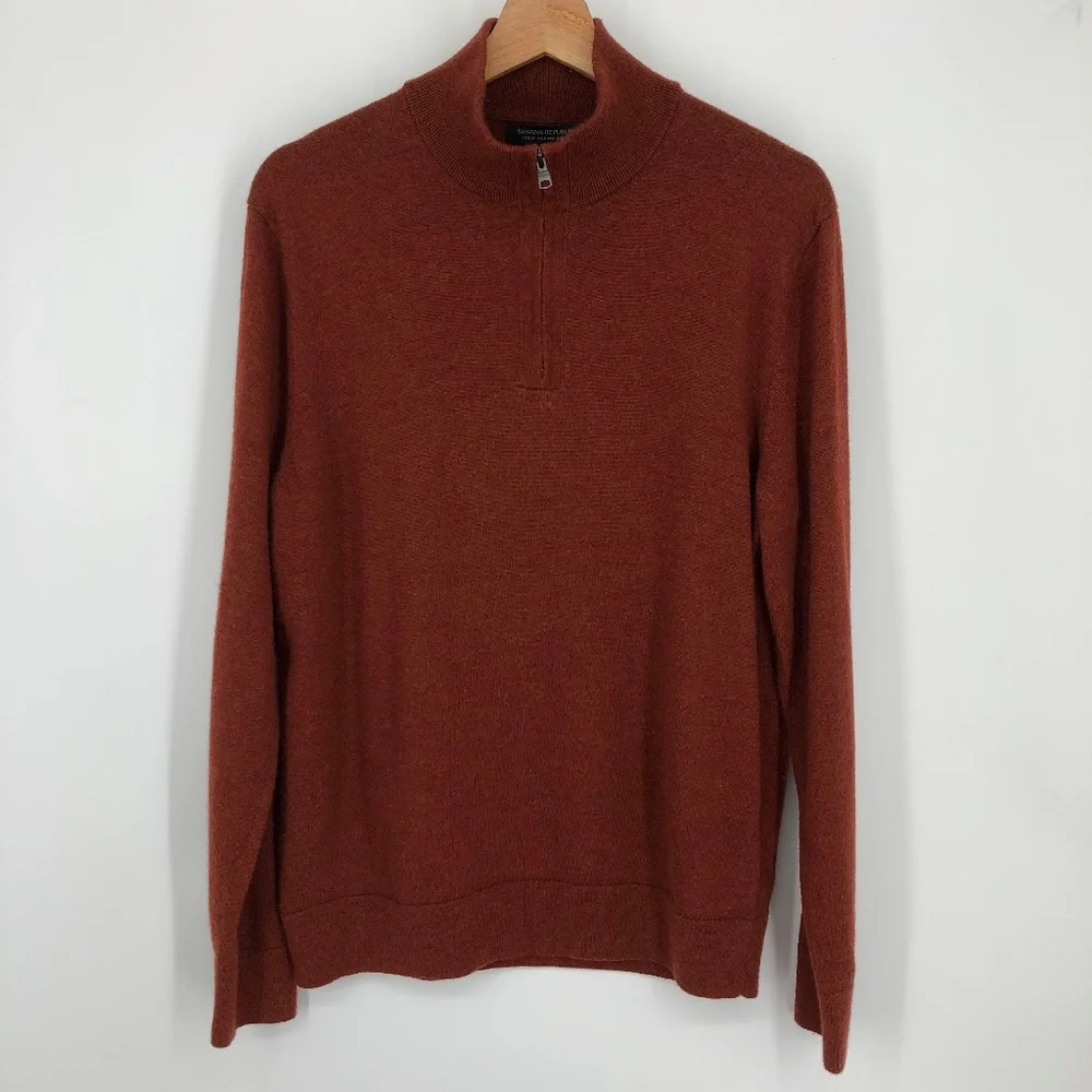 Banana Republic Mens Sweater Size L Orange Rust Fine Merino Wool 1/4 Quarter Zip